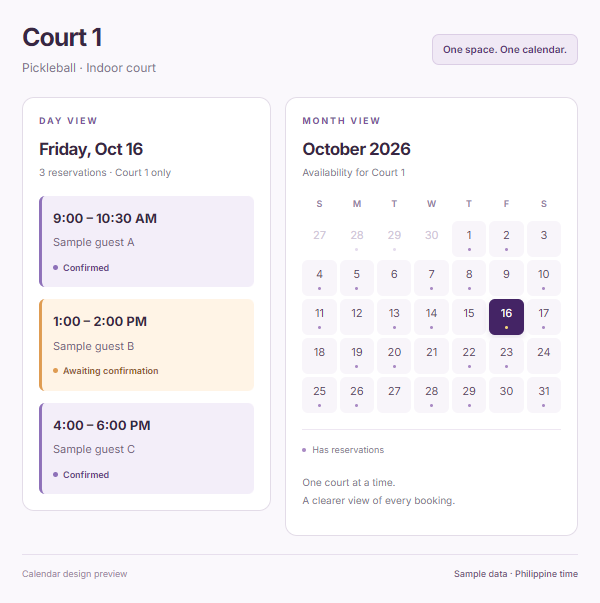 Calendar design preview: separate Day and Month views showing only Court 1 reservations